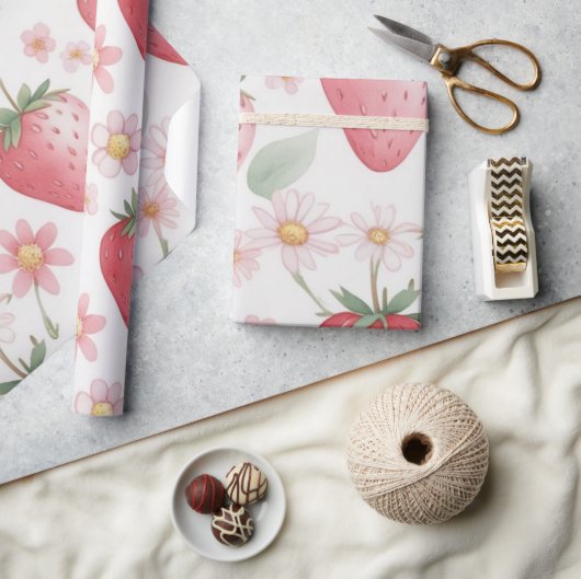 Roze Aardbeibloemen Verjaardagsfeestje voor haar Cadeaupapier (Crafts)