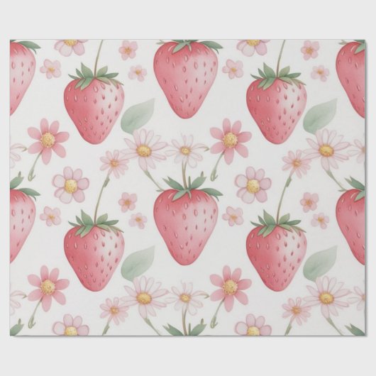 Roze Aardbeibloemen Verjaardagsfeestje voor haar Cadeaupapier (Vlak)