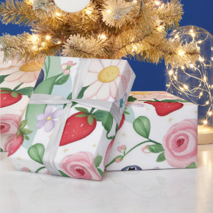 Roze Aardbeibloemen Verjaardagsfeestje voor haar Cadeaupapier