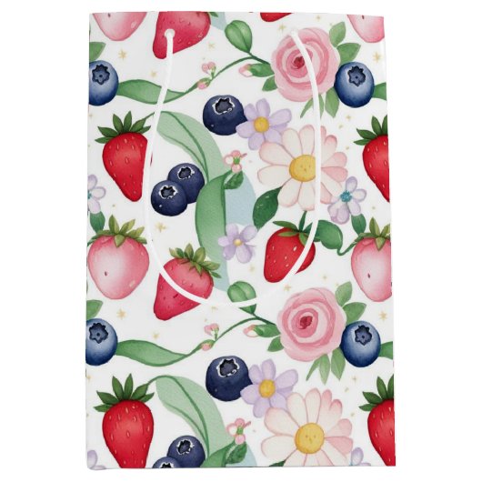 Roze Aardbeibloemen Verjaardagsfeestje voor haar Medium Cadeauzakje (Voorkant)