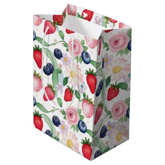 Roze Aardbeibloemen Verjaardagsfeestje voor haar Medium Cadeauzakje (Achterkant Gekanteld)