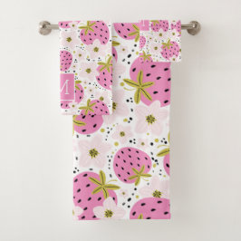 Roze aardbeien Aangepast monogram Bad Handdoek