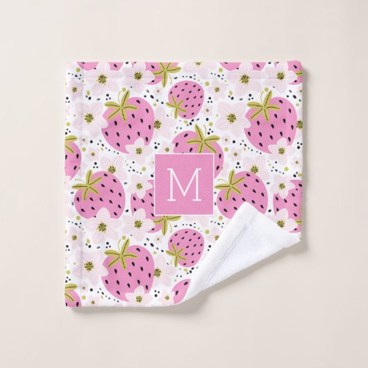 Roze aardbeien Aangepast monogram Bad Handdoek (Wasdoekje)