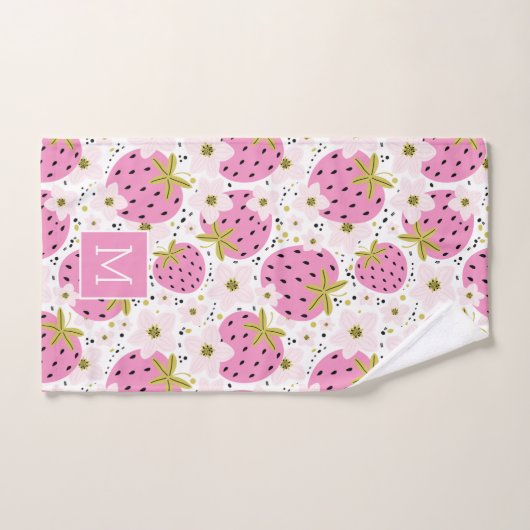 Roze aardbeien Aangepast monogram Bad Handdoek (Handdoek)