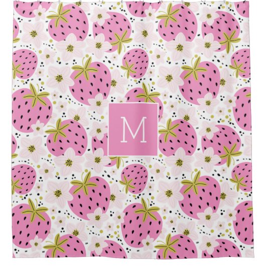 Roze aardbeien Aangepast monogram Douchegordijn (Voorkant)