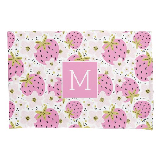 Roze aardbeien Aangepast monogram Kussensloop (Voorkant)