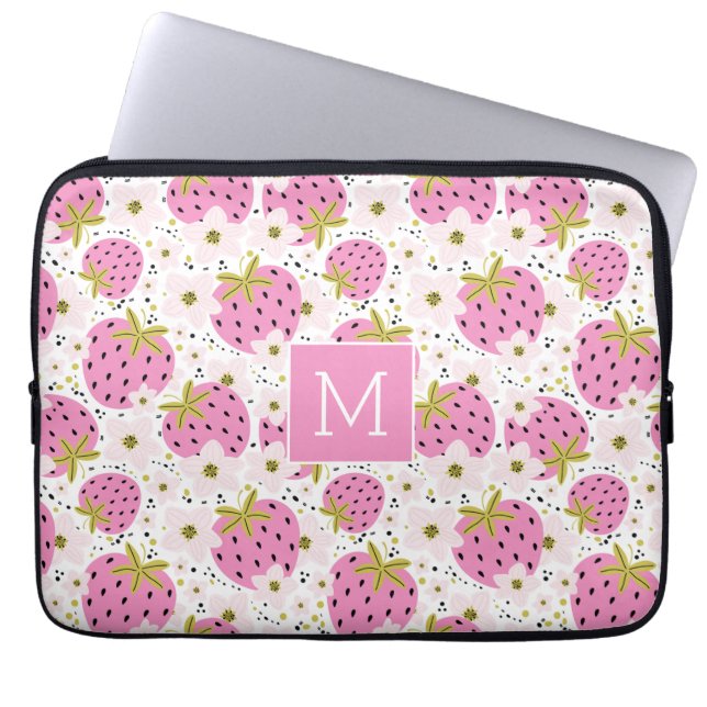 Roze aardbeien Aangepast monogram Laptop Sleeve (Voorkant)