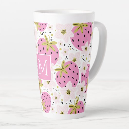 Roze aardbeien Aangepast monogram Latte Mok (Rechterhoek)