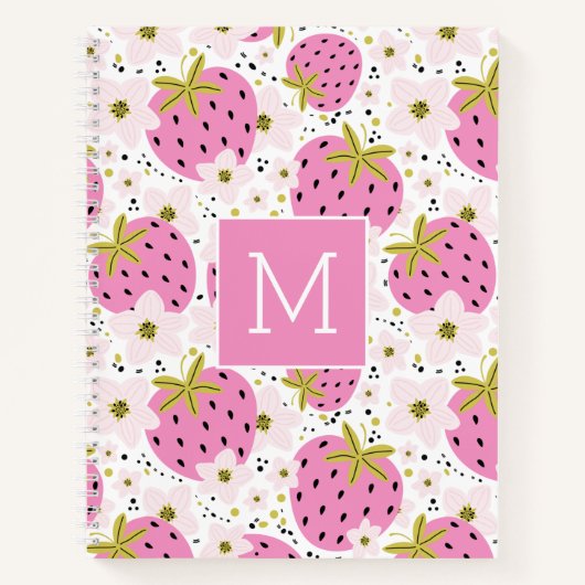 Roze aardbeien Aangepast monogram Notitieboek (Voorkant)