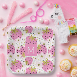 Roze aardbeien Aangepast monogram Papieren Bordje