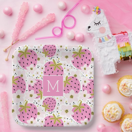 Roze aardbeien Aangepast monogram Papieren Bordje (Feest)