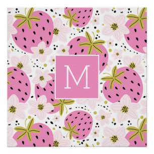 Roze aardbeien Aangepast monogram Perfect Poster