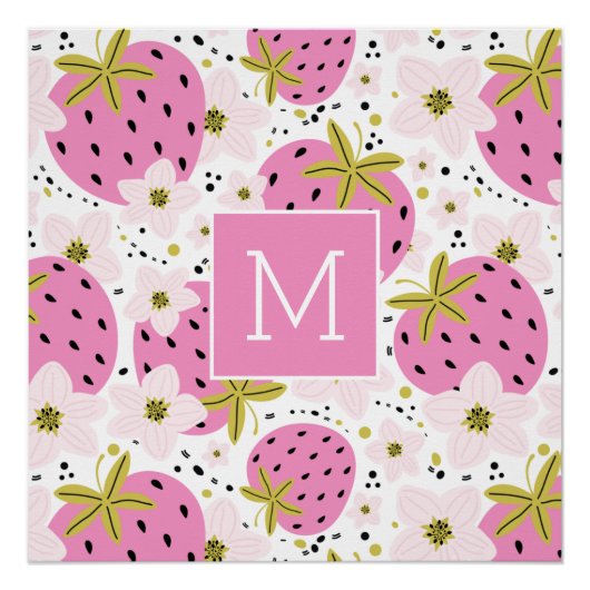 Roze aardbeien Aangepast monogram Perfect Poster (Voorkant)