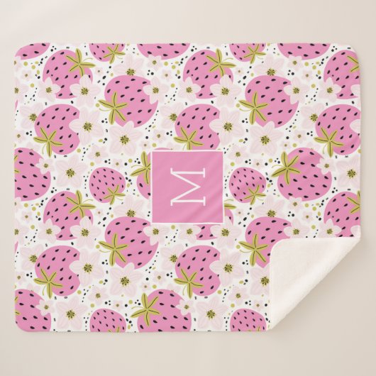Roze aardbeien Aangepast monogram Sherpa Deken (Voorkant (horizontaal))
