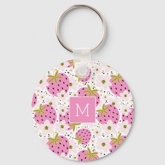 Roze aardbeien Aangepast monogram Sleutelhanger (Voorkant)