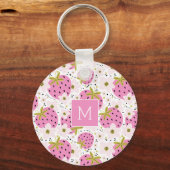 Roze aardbeien Aangepast monogram Sleutelhanger (Voorkant)
