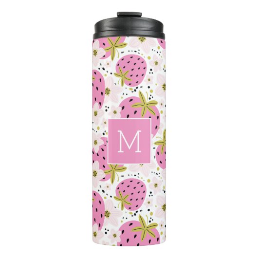 Roze aardbeien Aangepast monogram Thermosbeker (Voorkant)