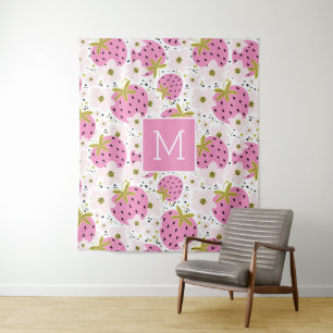 Roze aardbeien Aangepast monogram Wandkleed