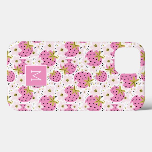 Roze aardbeien Aangepaste monogram telefoondozen Case-Mate iPhone Case (Achterkant (horizontaal))