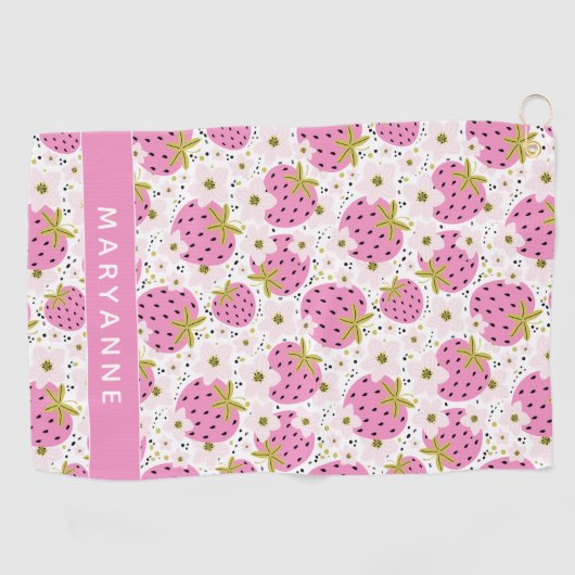 Roze aardbeien Aangepaste naam Golfhanddoek (Horizontaal)