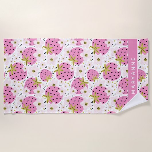 Roze aardbeien Aangepaste naam Strandlaken (Voorkant)