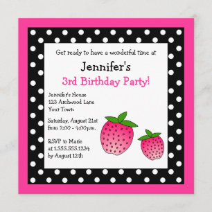 Roze aardbeien Birthday Black & White Polka Dots Kaart