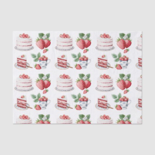 Roze Aardbeien Cake Patroon Tissuepapier (Voorkant)