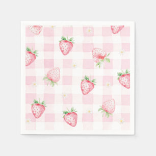 Roze Aardbeien Gingham Aardbei Eerste 1e Verjaarda Servet