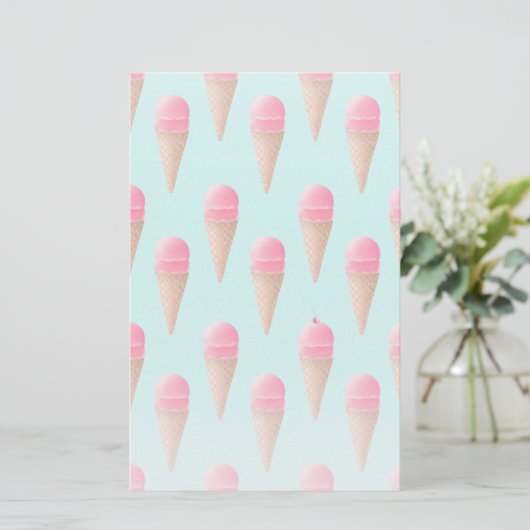 Roze Aardbeien Ice Cone Pattern, Blue Briefpapier (Staand voorkant)