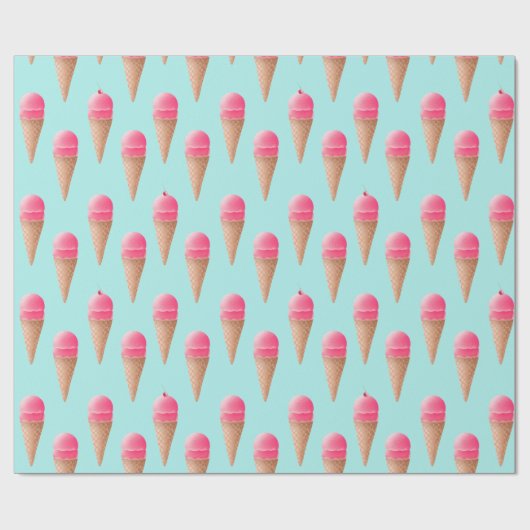 Roze Aardbeien Ice Cone Pattern, Blue Cadeaupapier (Vlak)
