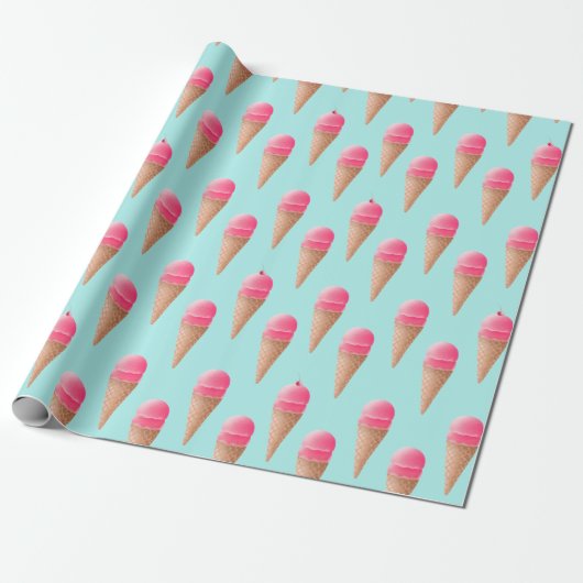Roze Aardbeien Ice Cone Pattern, Blue Cadeaupapier (Uitgerold)