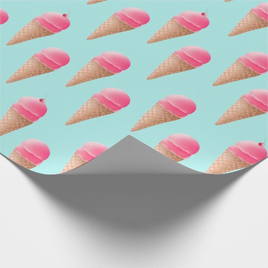 Roze Aardbeien Ice Cone Pattern, Blue Cadeaupapier (Hoek)