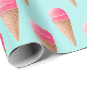 Roze Aardbeien Ice Cone Pattern, Blue Cadeaupapier (Rol Hoek)