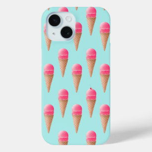 Roze Aardbeien Ice Cone Pattern, Blue iPhone 15 Case