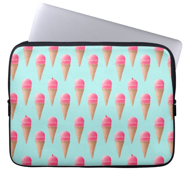 Roze Aardbeien Ice Cone Pattern, Blue Laptop Sleeve (Voorkant)