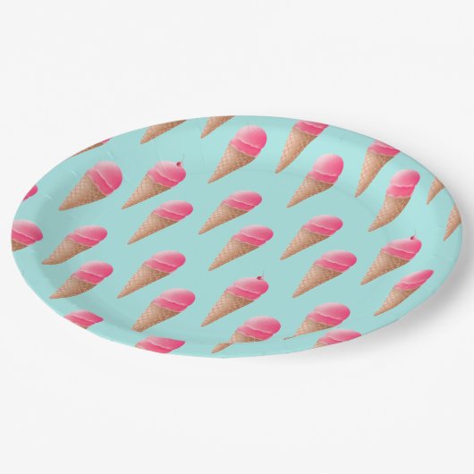 Roze Aardbeien Ice Cone Pattern, Blue Papieren Bordje (Gekanteld)