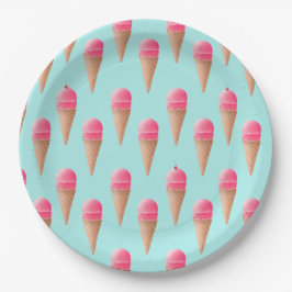 Roze Aardbeien Ice Cone Pattern, Blue Papieren Bordje