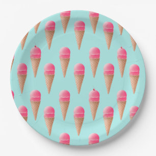 Roze Aardbeien Ice Cone Pattern, Blue Papieren Bordje