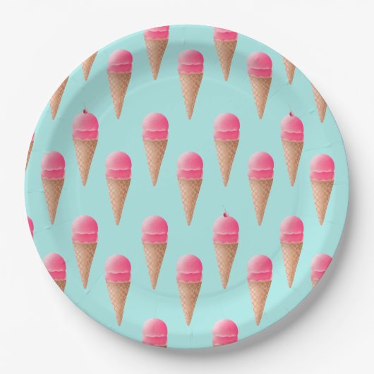 Roze Aardbeien Ice Cone Pattern, Blue Papieren Bordje (Voorkant)