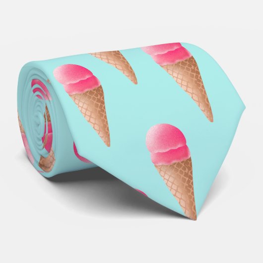 Roze Aardbeien Ice Cone Pattern, Blue Stropdas (Opgerold)