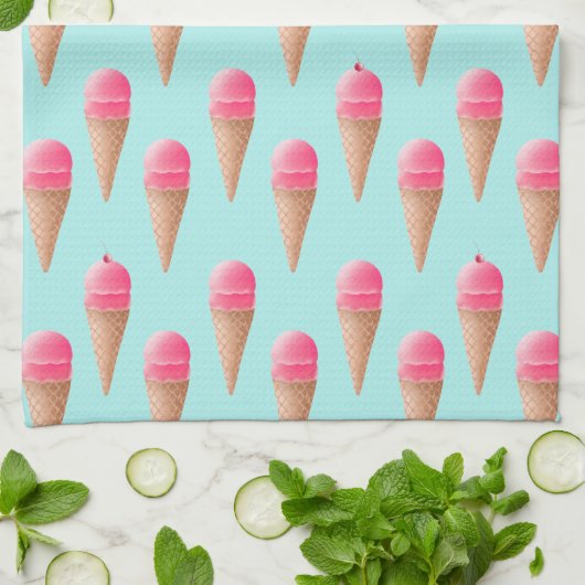 Roze Aardbeien Ice Cone Pattern, Blue Theedoek (Gevouwen)