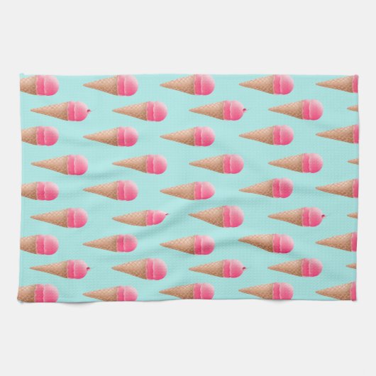 Roze Aardbeien Ice Cone Pattern, Blue Theedoek (Horizontaal)