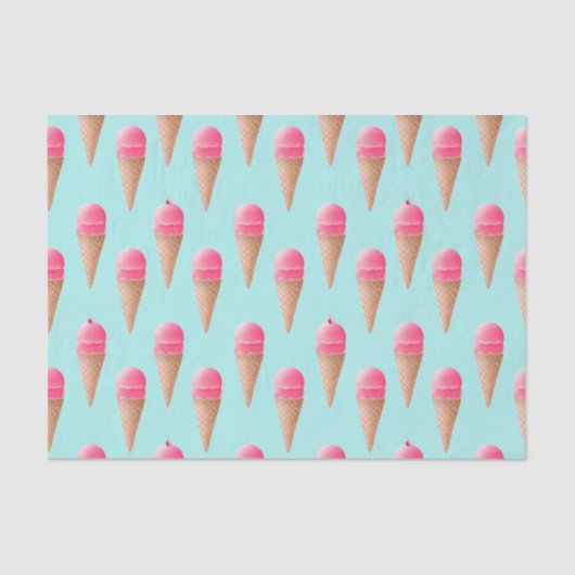 Roze Aardbeien Ice Cone Pattern, Blue Tissuepapier (Voorkant)