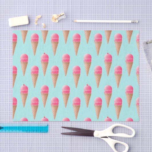 Roze Aardbeien Ice Cone Pattern, Blue Tissuepapier (Craft)
