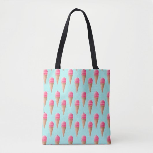 Roze Aardbeien Ice Cone Pattern, Blue Tote Bag (Voorkant)