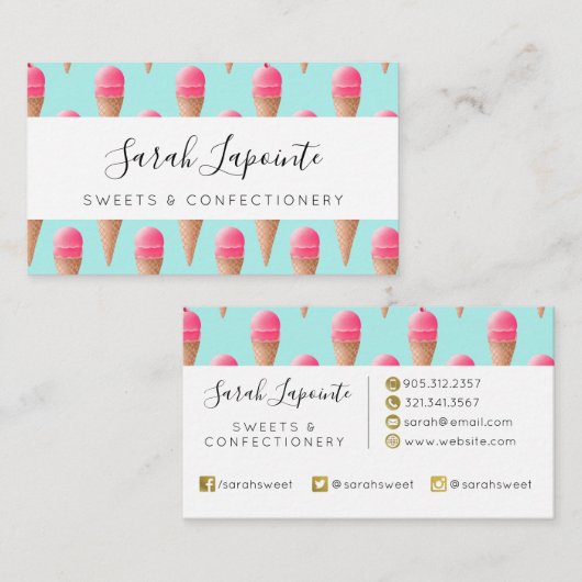 Roze Aardbeien Ice Cone Pattern, Blue Visitekaartje (Voorkant / Achterkant)