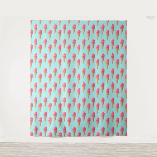 Roze Aardbeien Ice Cone Pattern, Blue Wandkleed (Voorkant)