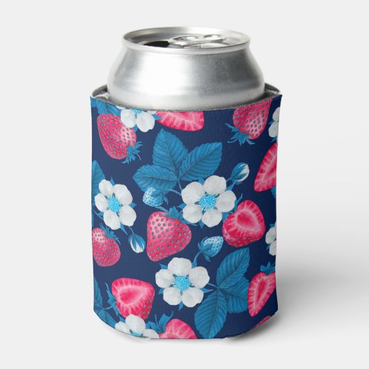 Roze aardbeien op blauw blikjeskoeler (Blikje Voorkant)