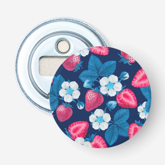 Roze aardbeien op blauw button flesopener (Voorkant)