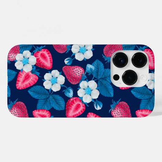 Roze aardbeien op blauw Case-Mate iPhone case (Achterkant (horizontaal))